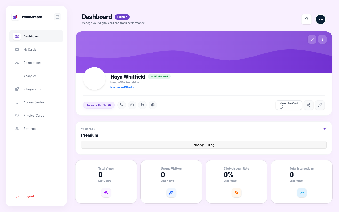 The Wond3rCard dashboard, showing a digital card and live engagement stats